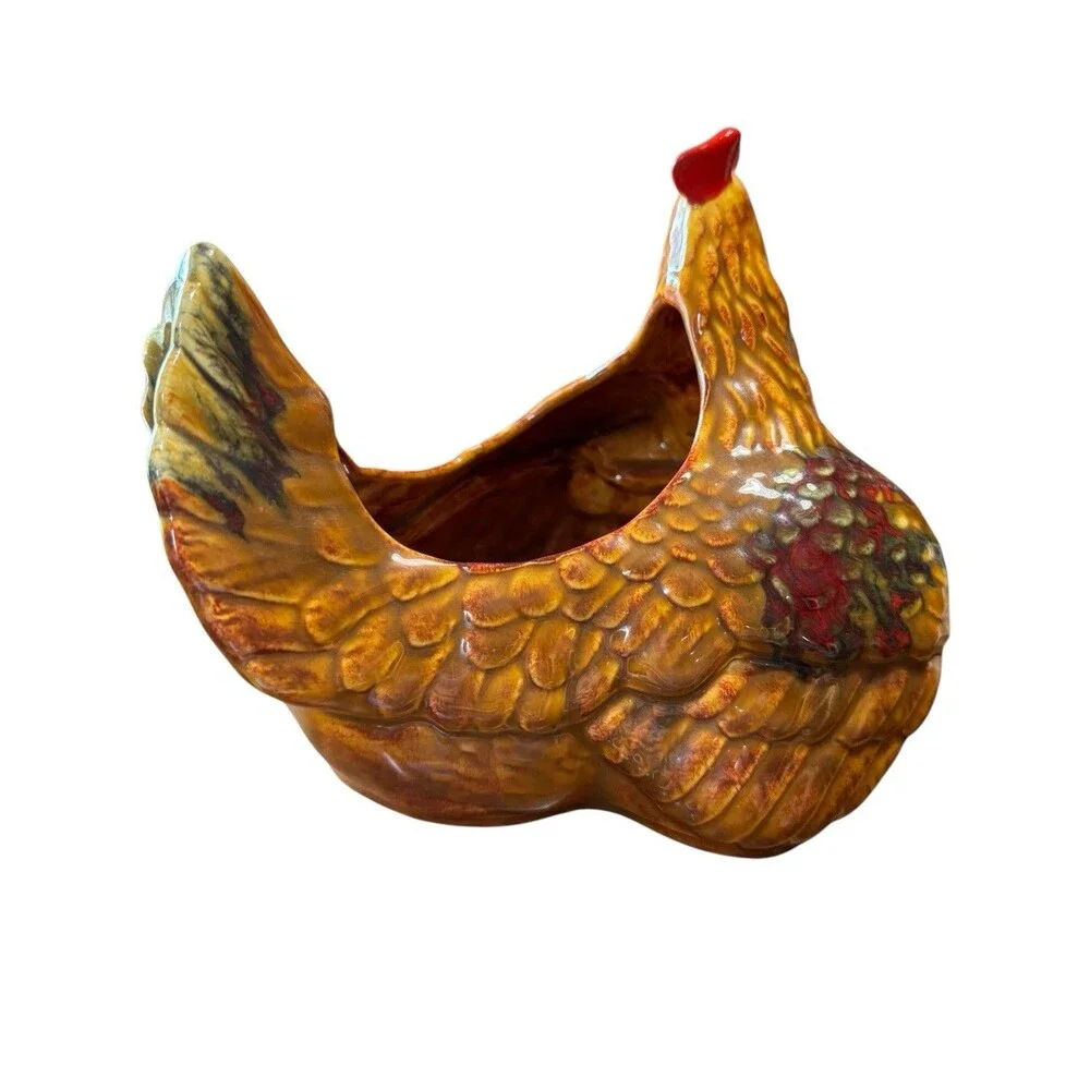Vintage Arnels Hen Sitting on Chicks Chicken Centerpiece Planter Dish Brown Red